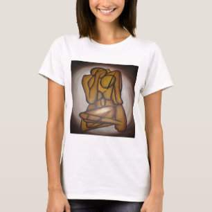 Abstracte langwerpige hedendaagse kunst in ochre e t-shirt