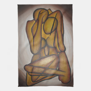 Abstracte langwerpige hedendaagse kunst in ochre e theedoek