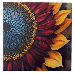 Abstracte levendige zonnebloem en zonnebloempitten tegeltje
