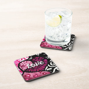 Abstracte Liefde Hart Roze Bloemen Polka Dots Zwar Bier Onderzetter