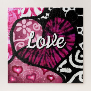 Abstracte Liefde Hart Roze Bloemen Polka Dots Zwar Legpuzzel