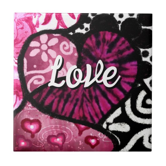 Abstracte Liefde Hart Roze Bloemen Polka Dots Zwar Tegeltje (Voorkant)