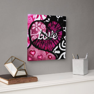 Abstracte Liefde Hart Roze Bloemen Polka Dots Zwar Vierkante Klok