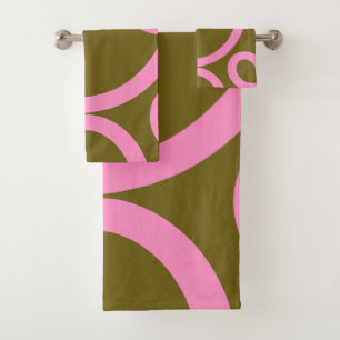 Abstracte lijn roze en olijfgroen bad handdoek