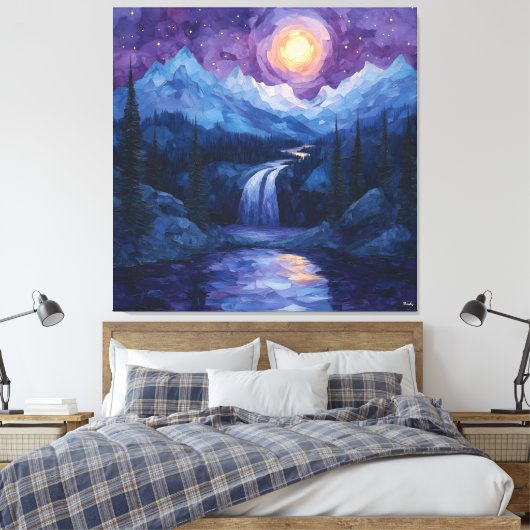 Abstracte maanverlichte waterval met Sterrennacht Canvas Afdruk (Insitu (Slaapkamer))