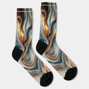 Abstracte Marmeren Sokken – Luxe Gold & Navy Swirl