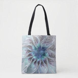 Abstracte matige bloem met blauw tote bag