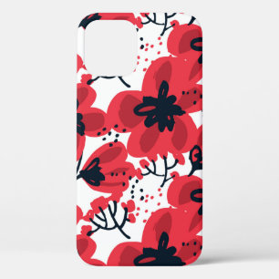 Abstracte, met de hand getekende rode bloemen naad iPhone 12 hoesje