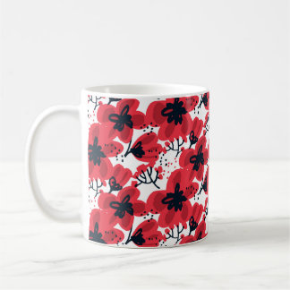 Abstracte, met de hand getekende rode bloemen naad koffiemok