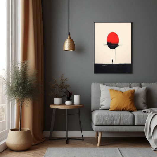 Abstracte minimalistische rode zon en eenzaamheid poster