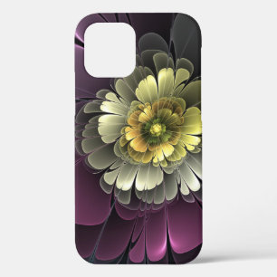 Abstracte Modern Purpur Khaki Gray Fractal Flower iPhone 12 Hoesje