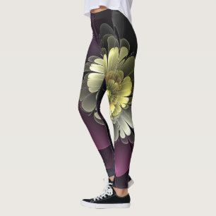 Abstracte Modern Purpur Khaki Gray Fractal Flower Leggings