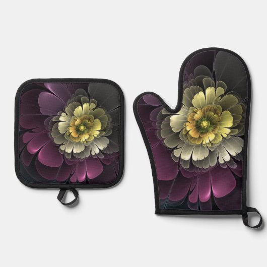 Abstracte Modern Purpur Khaki Gray Fractal Flower Ovenwant & Pannenlap Set (Voorkant)
