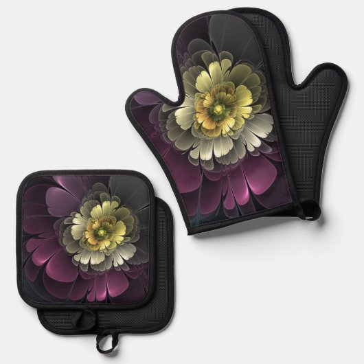 Abstracte Modern Purpur Khaki Gray Fractal Flower Ovenwant & Pannenlap Set (Voorkant / Achterkant)