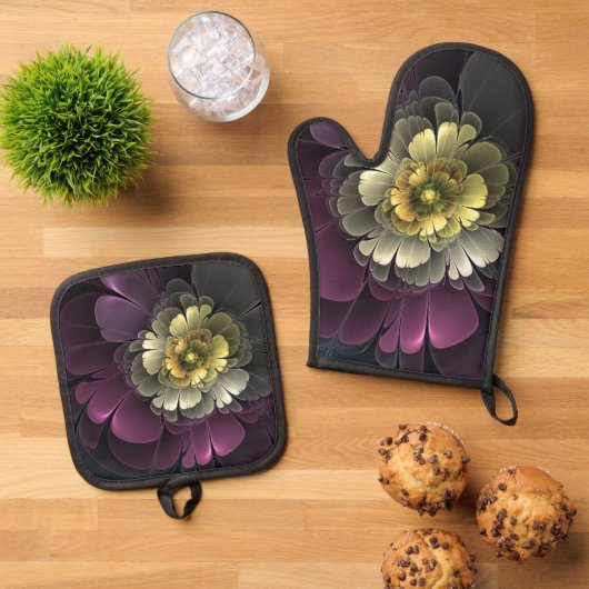 Abstracte Modern Purpur Khaki Gray Fractal Flower Ovenwant & Pannenlap Set (Top down)