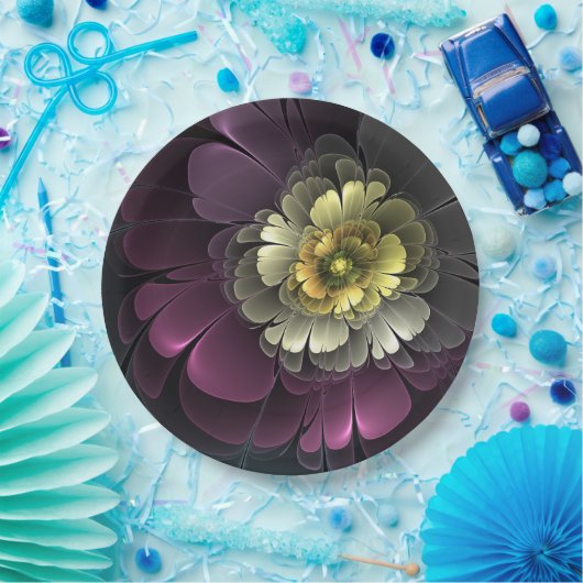 Abstracte Modern Purpur Khaki Gray Fractal Flower Papieren Bordje (Feest)