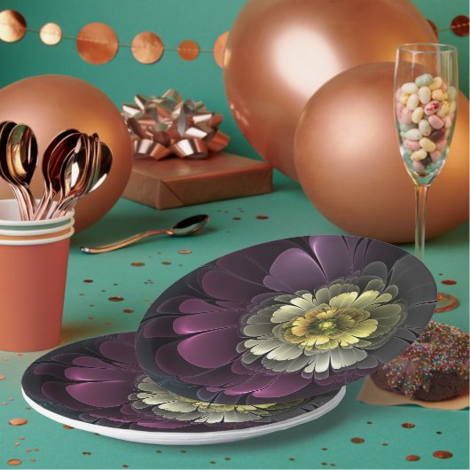 Abstracte Modern Purpur Khaki Gray Fractal Flower Papieren Bordje (Multi)