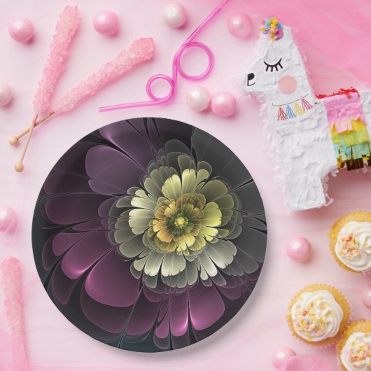 Abstracte Modern Purpur Khaki Gray Fractal Flower Papieren Bordje (Feest)