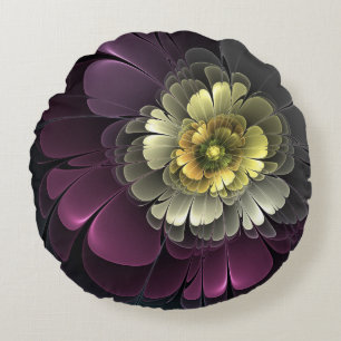 Abstracte Modern Purpur Khaki Gray Fractal Flower Rond Kussen