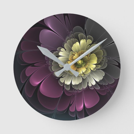 Abstracte Modern Purpur Khaki Gray Fractal Flower Ronde Klok (Voorkant)