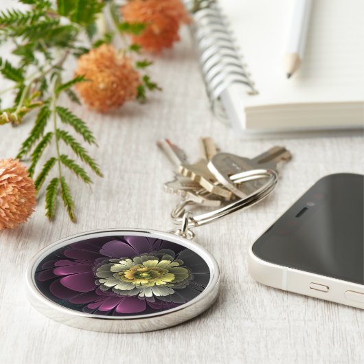 Abstracte Modern Purpur Khaki Gray Fractal Flower Sleutelhanger (Zijkant)