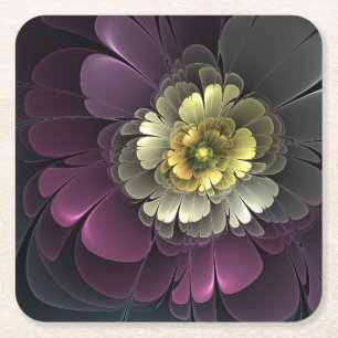 Abstracte Modern Purpur Khaki Gray Fractal Flower Vierkante Kartonnen Onderzetter