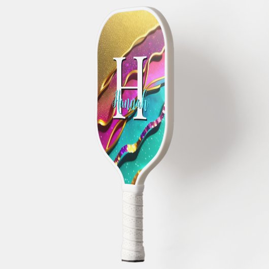 Abstracte, moderne Gold Aqua- en roze Glam Waves Pickleball Paddle (Links)