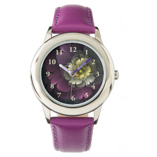 Abstracte Moderne Purper Khaki Grijs Fractale Bloe Horloge