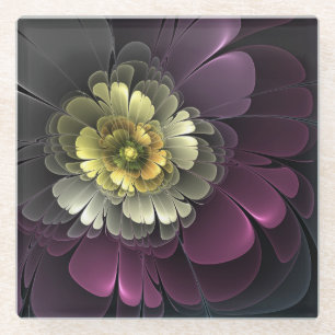 Abstracte moderne purper khaki grijze fractal bloe glazen onderzetter