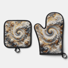 Abstracte moderne wervelende goud, zwart en wit ovenwant & pannenlap set