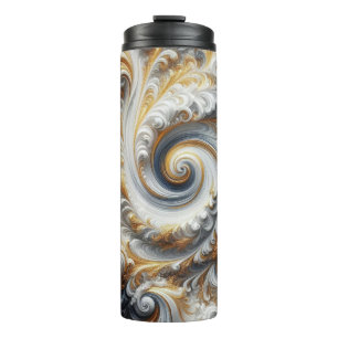 Abstracte moderne wervelende goud, zwart en wit thermosbeker