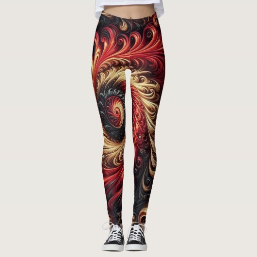 Abstracte moderne wervelende rood, zwart en goud leggings (Voorkant)