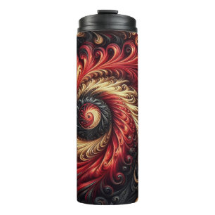 Abstracte moderne wervelende rood, zwart en goud thermosbeker