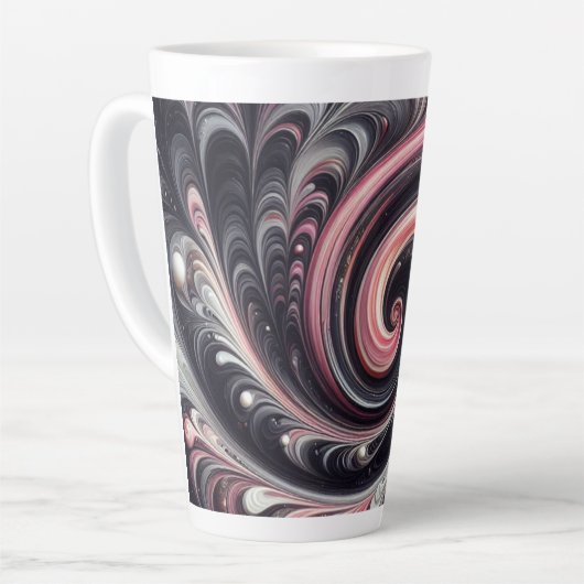 Abstracte moderne wervelende roze, zwart en wit latte mok (Linkerhoek)