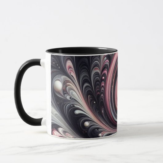 Abstracte moderne wervelende roze, zwart en wit mok (Links)