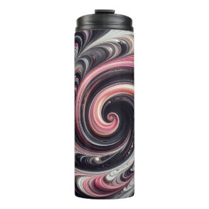 Abstracte moderne wervelende roze, zwarte en witte thermosbeker