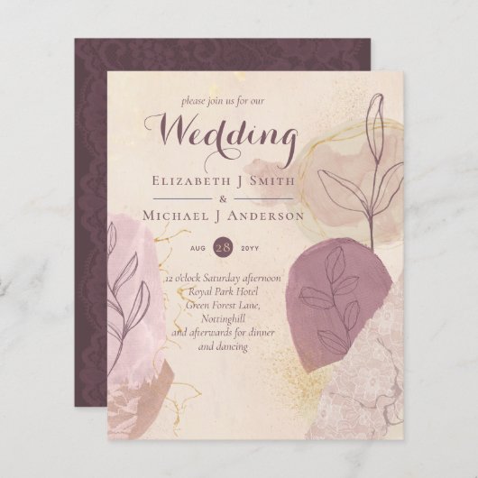 Abstracte Mustard Merlot Wedding nodigt budget uit (Voorkant / Achterkant)