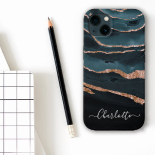 Abstracte naam Navy Blue & Copper Elegant Script iPhone 13 Hoesje