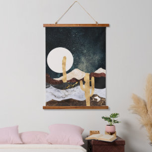 Abstracte nachtelijke woestijnhemel met gouden cac hangend wandkleed