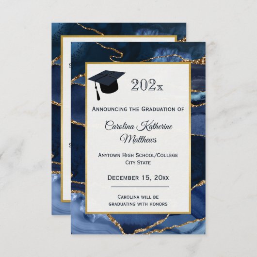 Abstracte Navy Blue Agate Waterverf Afstuderen Aankondiging (Voorkant / Achterkant)