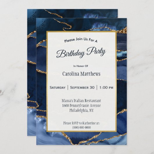 Abstracte Navy Blue Agate Waterverf Verjaardag Kaart (Voorkant / Achterkant)