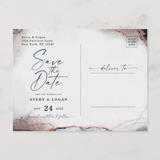 Abstracte Navy & Roos Gold Wedding Save The Date Aankondigingskaart (Achterkant)