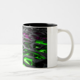 Abstracte neonroze groene cyberpunk 3D mesh Tweekleurige Koffiemok