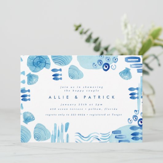 Abstracte Oceaan Blauwe Schelp Koppels Bruidsdouch Kaart (Staand voorkant)
