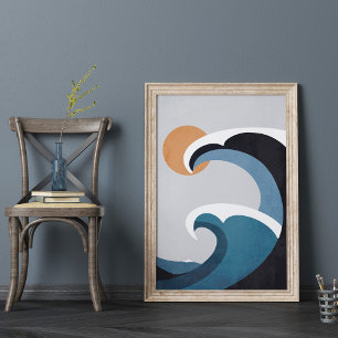 Abstracte oceaangolven en zon poster