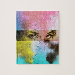 Abstracte ogen Pop Art - Roze, Geel, Blauw en Brui Legpuzzel