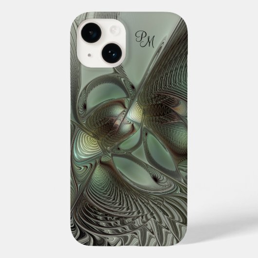 Abstracte Olijfsalie Groen Grijs Fractal Initialen Case-Mate iPhone Case (Achterkant)