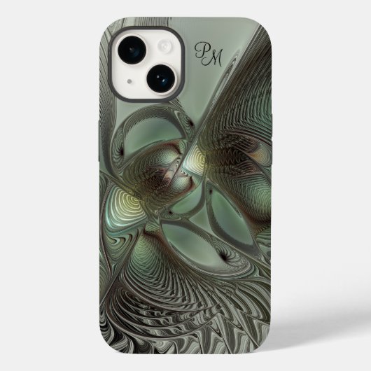 Abstracte Olijfsalie Groen Grijs Fractal Initialen Case-Mate iPhone Case (Achterkant)