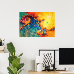 ABSTRACTE ORANJE BLAUWE FRACTALE KUNST POSTER
