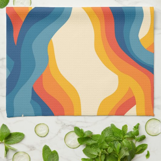 Abstracte Oranje Blue Retro Wavy Stripe Modern Bol Theedoek (Gevouwen)